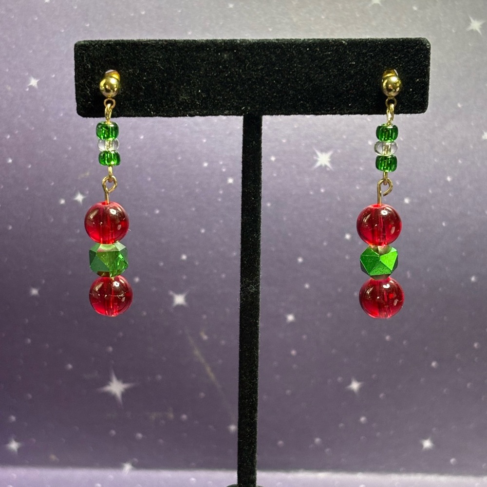 Elegant Red and Green Beaded Earrings